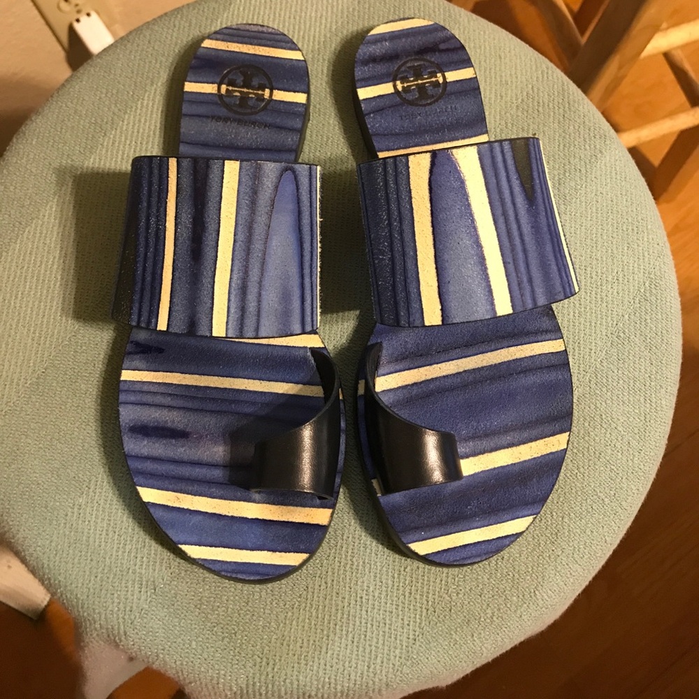 Tory Burch Blue and Cream Striped Slide Sandals